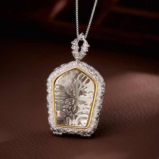 Handcrafted Tibetan Buddhist openable pagoda pendant in white crystal and S925 silver, featuring Zodiac Buddha for protection and blessings, Jewelry Art.