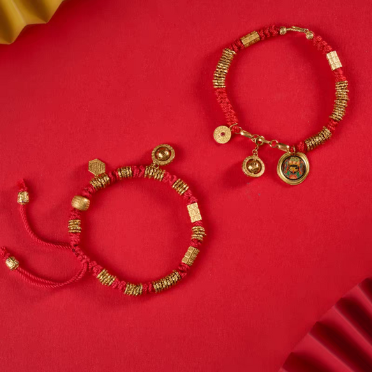 Handmade Zakiram knot bracelet with red thread, Tibetan Buddhist Jewelry Culture-inspired jewelry art for luck, fortune, and spiritual protection.