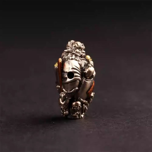 Handcrafted Tibetan silver and copper Zhongkui bead connector, three-connector design for spiritual bracelets, symbolizing protection and auspicious energy.