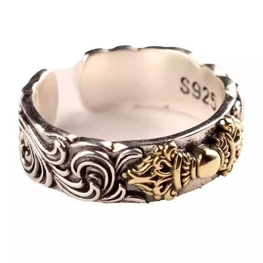Handcrafted silver and copper Vajra Tang pattern ring, Tibetan Buddhist Jewelry Culture Jewelry art, vintage unisex openable finger ring