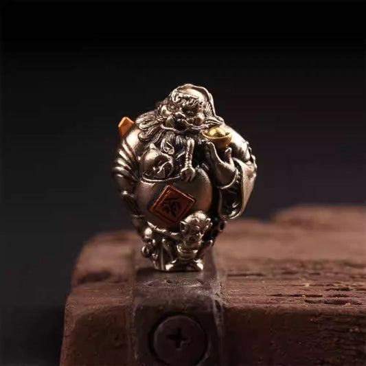 Handmade Tibetan silver Zhongkui Buddha bead accessory, intricate craftsmanship, ideal for spiritual bracelets and Chinese-style ethnic jewelry.