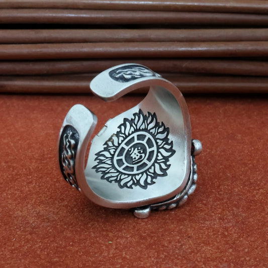 Pure handmade silver ring featuring the Dark Vajra Tathagata, a symbol of spiritual power and transformation in Tibetan Buddhist culture.