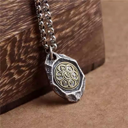 Handcrafted silver six-syllable mantra stone pendant, Tibetan Buddhist Jewelry Culture Jewelry art, DIY necklace charm for men and women