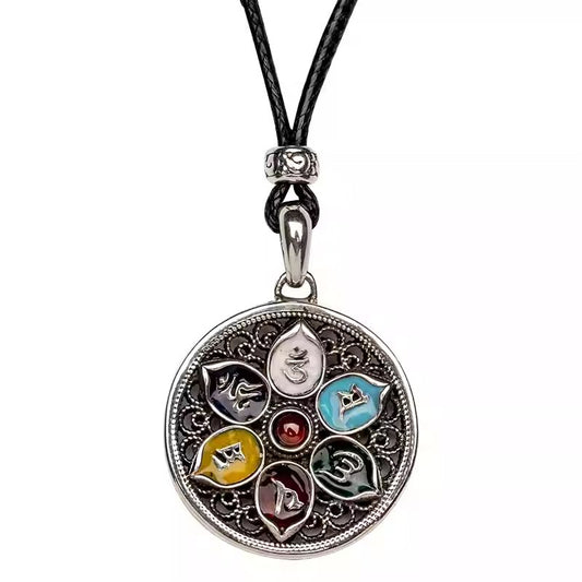 Handmade silver lotus pendant featuring six-syllable mantra, ideal for necklaces, vintage ethnic design, bringing spiritual protection and balance.