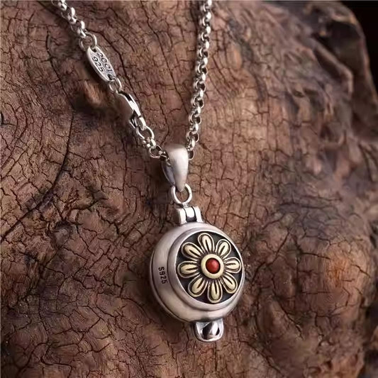 Silver openable Gesang flower Gau box necklace, inspired by Tibetan Buddhist Jewelry Culture, handcrafted Jewelry art for unisex wear.