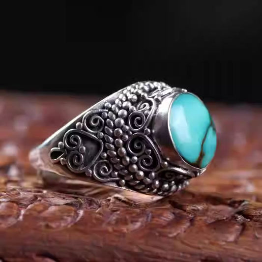 Handcrafted silver turquoise adjustable ring, Tibetan Buddhist Jewelry Culture Jewelry art, ethnic vintage unisex finger ring