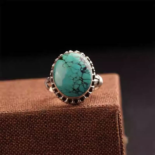 Handcrafted silver turquoise large finger ring, Tibetan Buddhist Jewelry Culture Jewelry art, vintage statement ring for women