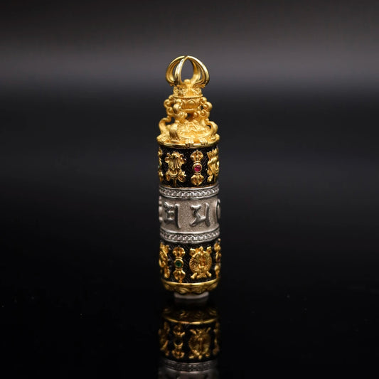 Handcrafted silver zircon Eight-Treasure prayer wheel pendant, inspired by Tibetan Buddhist jewelry culture, exquisite jewelry art, perfect for collection and wearing.