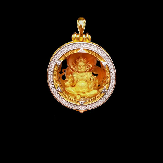 Handcrafted silver zircon Yellow Jambhala pendant, inspired by Tibetan Buddhist jewelry culture and jewelry art, offering spiritual protection, wealth, and positive energy.