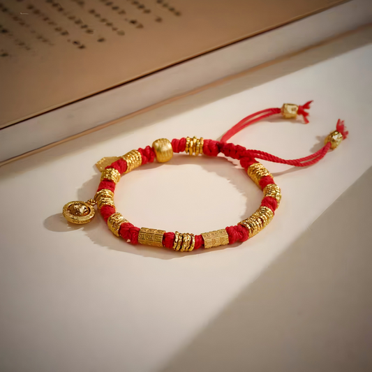 Handcrafted Tibetan Buddhist six-syllable mantra bracelet, a jewelry art piece for spiritual protection, luck, and prosperity.