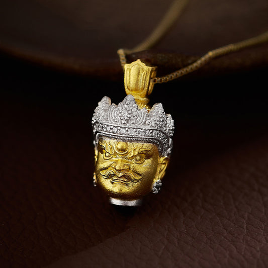 Handcrafted Tibetan Buddhist Yellow Jambhala silver pendant, ethnic guardian amulet necklace for protection and prosperity, Jewelry Art.