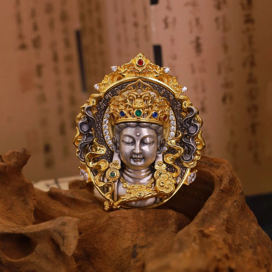 This exquisite silver pendant features a unique Manjushri Bodhisattva design, handcrafted with precision using pure silver and zircon. A symbol of wisdom and protection, this pendant blends Tibetan Buddhist Jewelry Culture with elegant jewelry art, making it a powerful and fashionable accessory.
