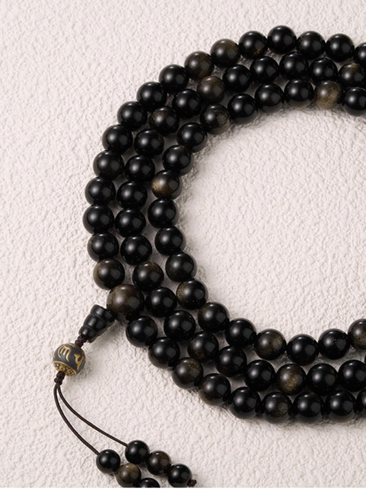 Tibetan Buddhist Jewelry Culture: Hand-Painted Golden Obsidian Prayer Beads, 108-count traditional Buddhist mala