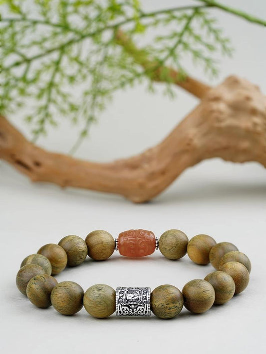 Tibetan Buddhist Jewelry Art: Hand-Painted Sandalwood and Green Sandalwood Bracelet for meditation and spiritual practice in Tibetan Buddhist tradition