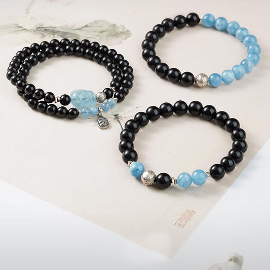 Tibetan Buddhist Jewelry Art: Handmade Obsidian and Aquamarine Bracelet "Evening Cloud" for grounding and emotional balance