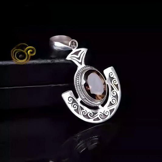 Silver anchored tea crystal necklace, Tibetan Buddhist Jewelry Culture inspired Jewelry art, handcrafted pendant for unisex wear.
