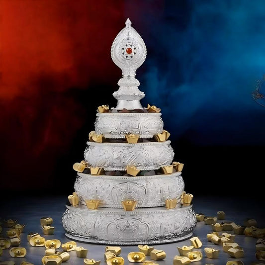 Handmade S999 pure silver Mandala offering set with Eight Auspicious Symbols, a masterpiece of Tibetan Buddhist Jewelry Culture and jewelry art.