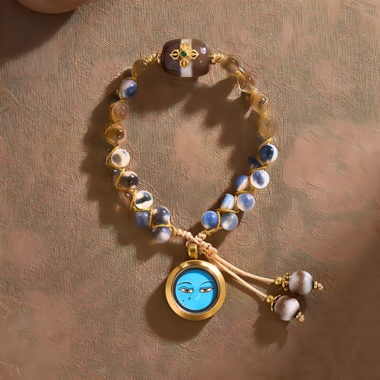 Tibetan Buddhist Jewelry Culture inlaid single-line Medicine Buddha bead Dzi bracelet. Handcrafted with precision as a piece of jewelry art.
