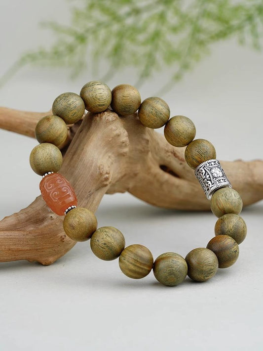 Tibetan Buddhist Jewelry Culture: Handmade Sandalwood Green Sandalwood Buddhist Bracelet with authentic Tibetan designs