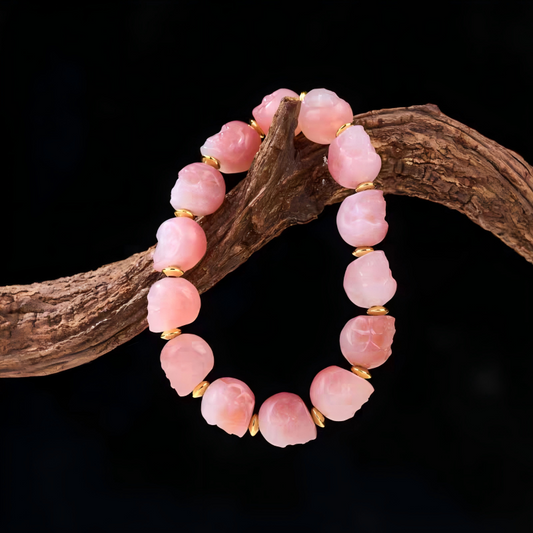 Tibetan Buddhist handmade pink Litchi frozen coralline beads bracelet, a lucky charm bracelet for protection and spiritual balance