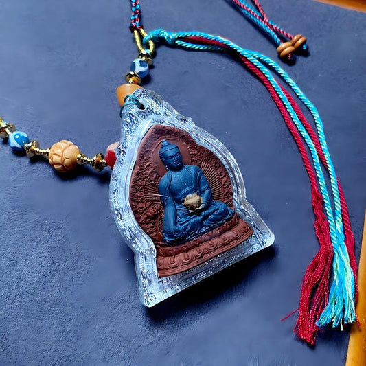 Medicine Buddha healing multicolor Thangka Gawu amulet pendant from Tibetan Buddhist Jewelry Culture, hand-crafted Jewelry art necklace for spiritual guidance