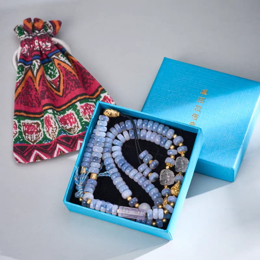 Purely handmade 108 Dzi beads necklace with Medicine Buddha symbols, reflecting the heritage of Tibetan Buddhist Jewelry Culture jewelry art.