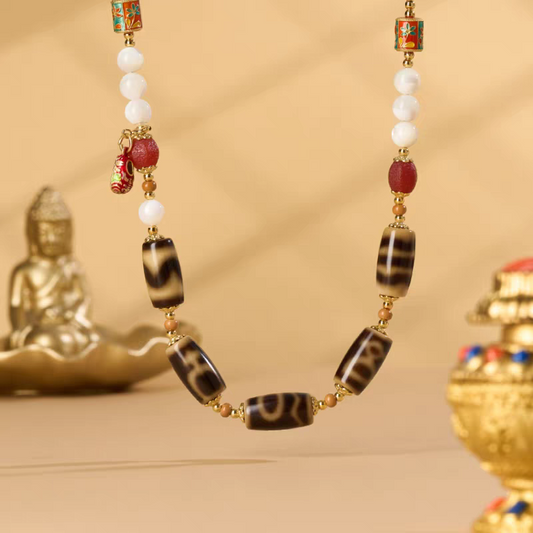 Purely handmade aged agate multi-Dzi beads necklace, reflecting the heritage of Tibetan Buddhist Jewelry Culture jewelry art.
