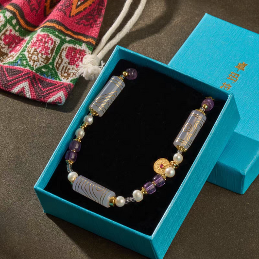 Purely handmade gold-inlaid Tang Tube Dzi pendant, reflecting the profound heritage of Tibetan Buddhist Jewelry Culture jewelry art.