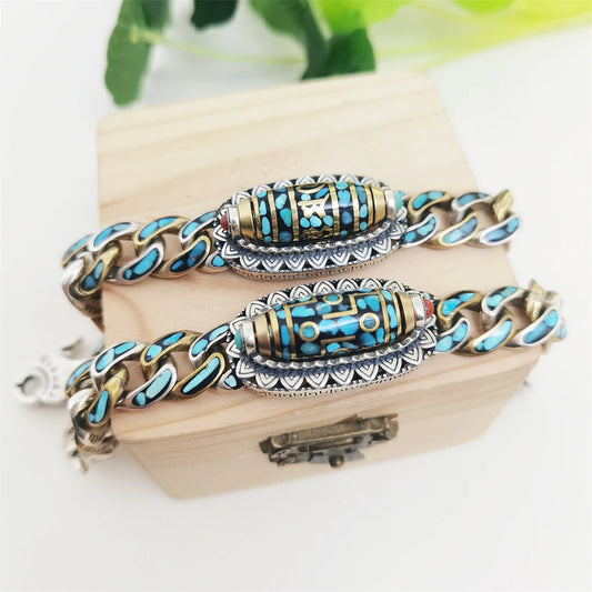 Pure handmade silver Nine Eye bracelet, featuring Tibetan Buddhist craftsmanship, offering protection and positive energy with each carefully handcrafted detail.