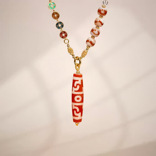 Purely handmade natural red agate sacred Guru Dzi pendant, reflecting the heritage of Tibetan Buddhist Jewelry Culture jewelry art.