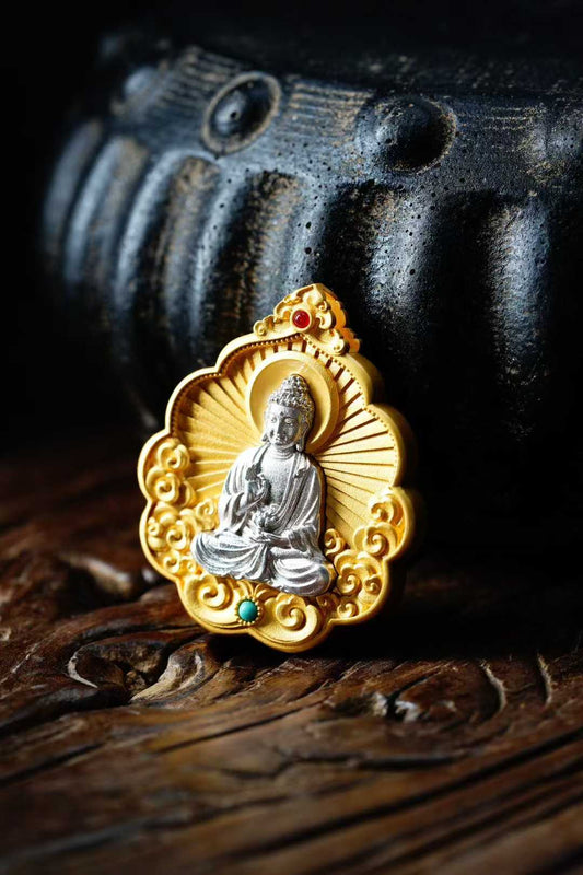 "Close-up of S925 silver Amitabha Buddha pendant engraving, reflecting Tibetan Buddhist Jewelry Culture and refined Jewelry Art design."