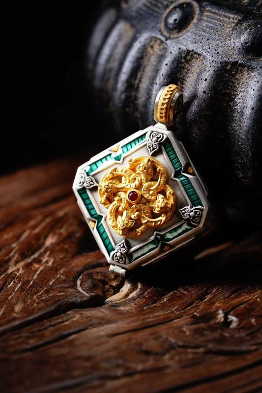 "Close-up of S925 silver Five-Way God of Wealth pendant with intricate engraving, reflecting Tibetan Buddhist Jewelry Culture and fine Jewelry Art design."