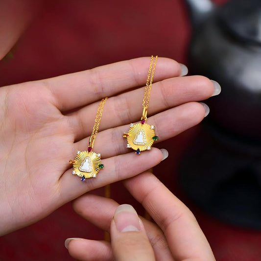 Tibetan Buddhist Jewelry Culture: Traditional sterling silver Five Buddha necklace reflecting ancient Tibetan Buddhist culture and spiritual protection.