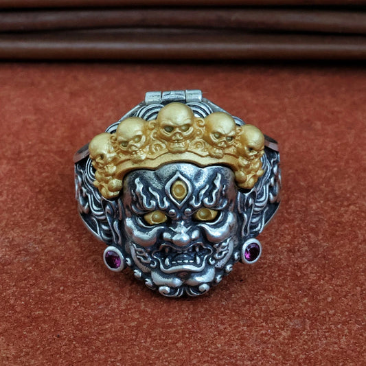 Handcrafted silver Dark Vajra Tathagata ring, embodying the powerful symbolism of Tibetan Buddhism for protection, strength, and spiritual enlightenment.