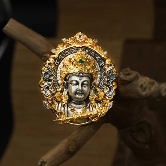 Handcrafted silver zircon Manjushri Bodhisattva pendant, inspired by Tibetan Buddhist jewelry culture and jewelry art, offering wisdom, protection, and positive energy.