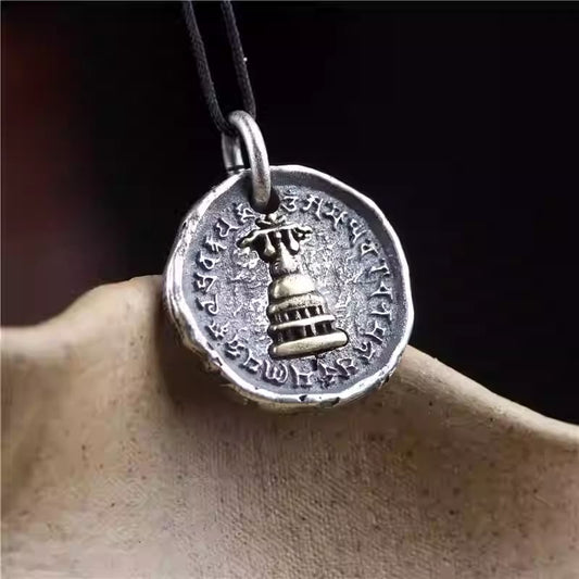 Purely handmade silver copper inlaid stupa art, reflecting the functional heritage of Tibetan Buddhist Jewelry Culture jewelry art.
