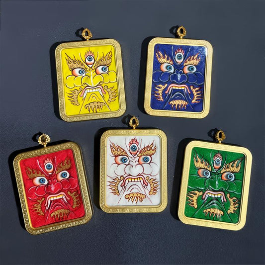 Handcrafted Tibetan Five Wealth Gods Thangka pendant in yellow, black, red, green, and white, combining traditional craftsmanship with spiritual blessings.
