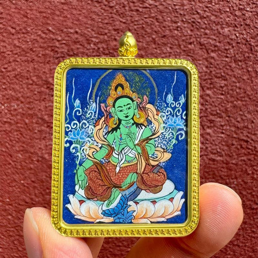 Handcrafted Tibetan pendant showing Manjushri, Amitabha, and Samantabhadra with twelve zodiac guardian Buddhas, blending spiritual symbolism with fine jewelry art.