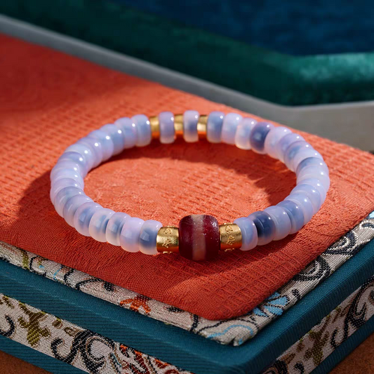 Traditional micro-painted natural agate Medicine Dzi bracelet in blue bubble style, reflecting the profound heritage of Tibetan Buddhist Jewelry Culture jewelry art.