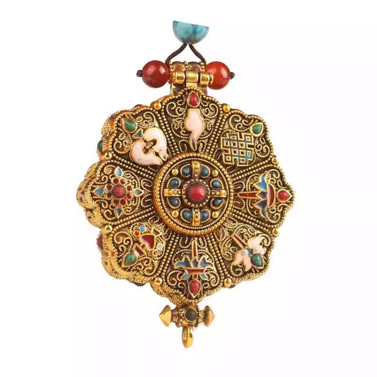 Bespoke silver Eight Treasures Gau pendant, a masterpiece of Tibetan Buddhist Jewelry Culture.