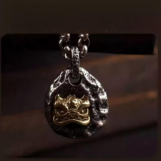 Artisan-crafted Lion Dance necklace, combining Tibetan Buddhist Jewelry Culture elements with bold Jewelry art design.