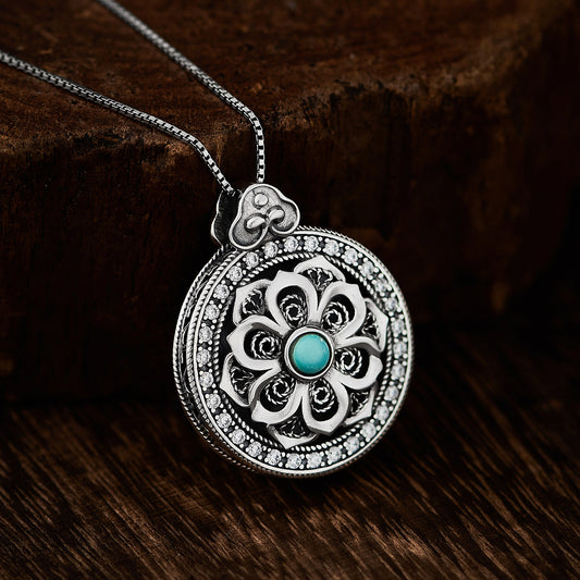 Vintage Tibetan Yasheng Coin hollow lotus S925 silver pendant, unisex dual-sided necklace for blessings and protection, Tibetan Buddhist Jewelry Culture Jewelry art