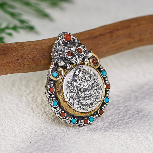 Vintage Tibetan Yellow Jambhala Silver Copper Garuda protector pendant, unisex necklace for mindfulness, prosperity, and spiritual charm, Tibetan Buddhist Jewelry Culture Jewelry art