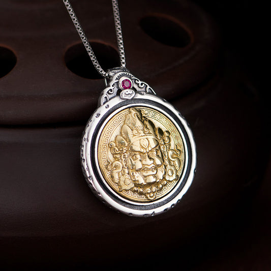 Vintage Tibetan Yellow Jambhala Silver Copper unisex round pendant, protective Buddha necklace for daily wear and meditation, Tibetan Buddhist Jewelry Culture Jewelry art