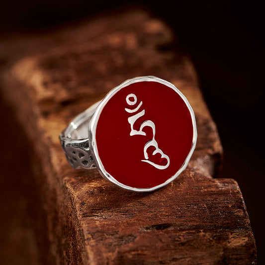 Vintage Tibetan Zoming Dakini resin silver ring, unisex blessing ring for peace and mindfulness, Tibetan Buddhist Jewelry Culture Jewelry art