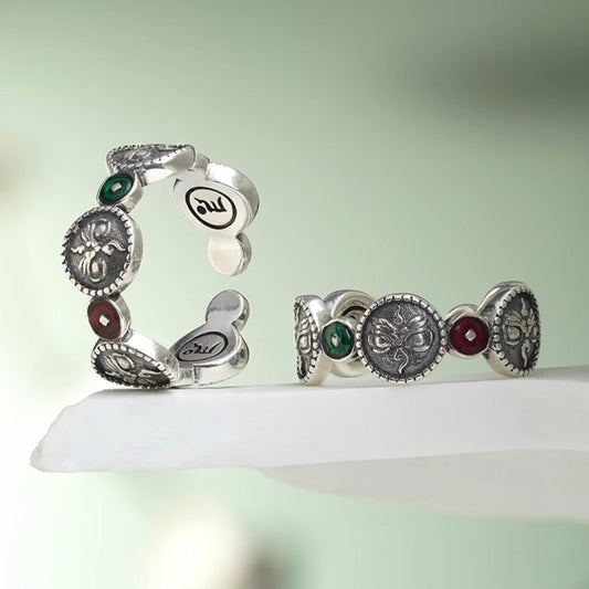 Artistic five directions sterling silver ring influenced by Tibetan Buddhist Jewelry Culture, highlighting fine handmade and Jewelry art techniques.