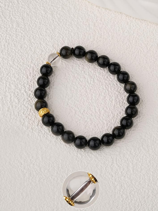 Hand-painted Golden Obsidian and crystal protection bracelet in Tibetan Buddhist jewelry art tradition.