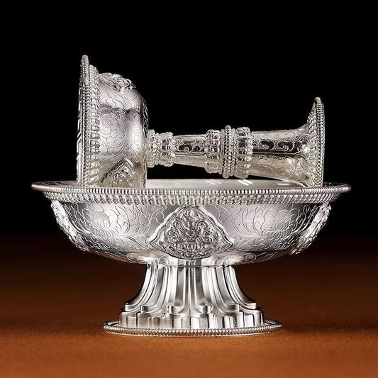 Exquisite Buddhist sacrificial items art piece, a pure silver offering cup reflecting the profound heritage and metalwork of Tibetan Buddhist sacrificial implements culture.