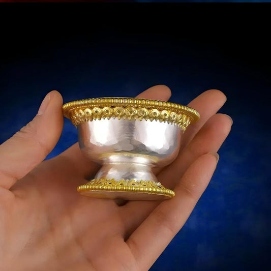 Exquisite Buddhist sacrificial items art featuring a set of copper water bowls, reflecting the sacred heritage of Tibetan Buddhist sacrificial implements culture in Nepal style.