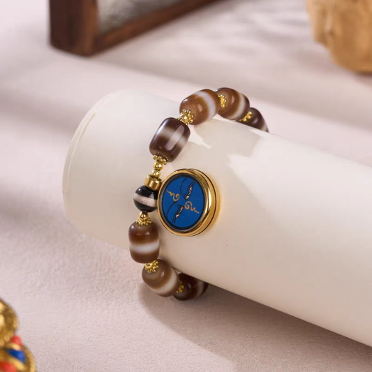 Tibetan Buddhist sacrificial implements culture natural Medicine Buddha bead Dzi bracelet. Handcrafted from authentic agate as a piece of Buddhist sacrificial items art.
